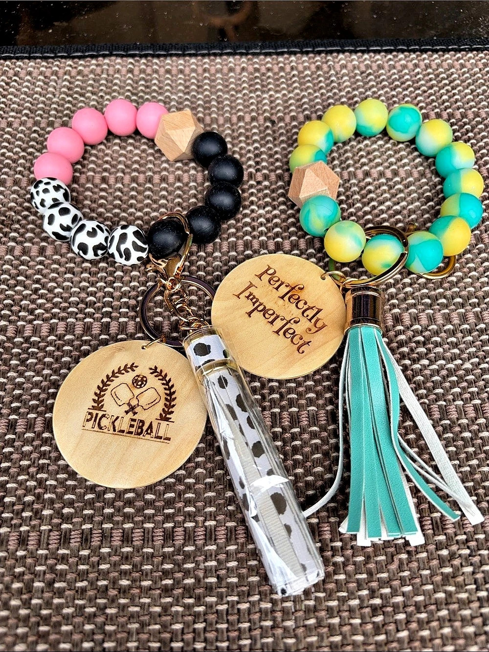 Beaded Tassel Keychain Set Pink & Turquoise Pickleball & Perfectly Imperfect
